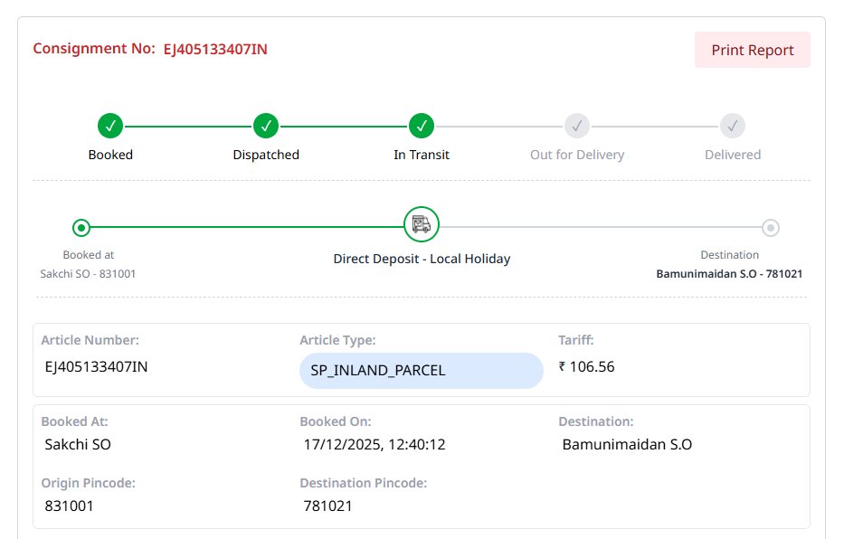 manzaralam555's tweet photo. It has been 13 days since the Speed Post parcel was booked for Guwahati. The parcel reached Guwahati on 24th December, but as of today, 29th Dec, it has still not been delivered. #SpeedPost #IndiaPost #DelayedDelivery #PostalDelay
@IndiaPostOffice
@Officejmscindia
@cpmgassam https://t.co/YohyXi6X7v