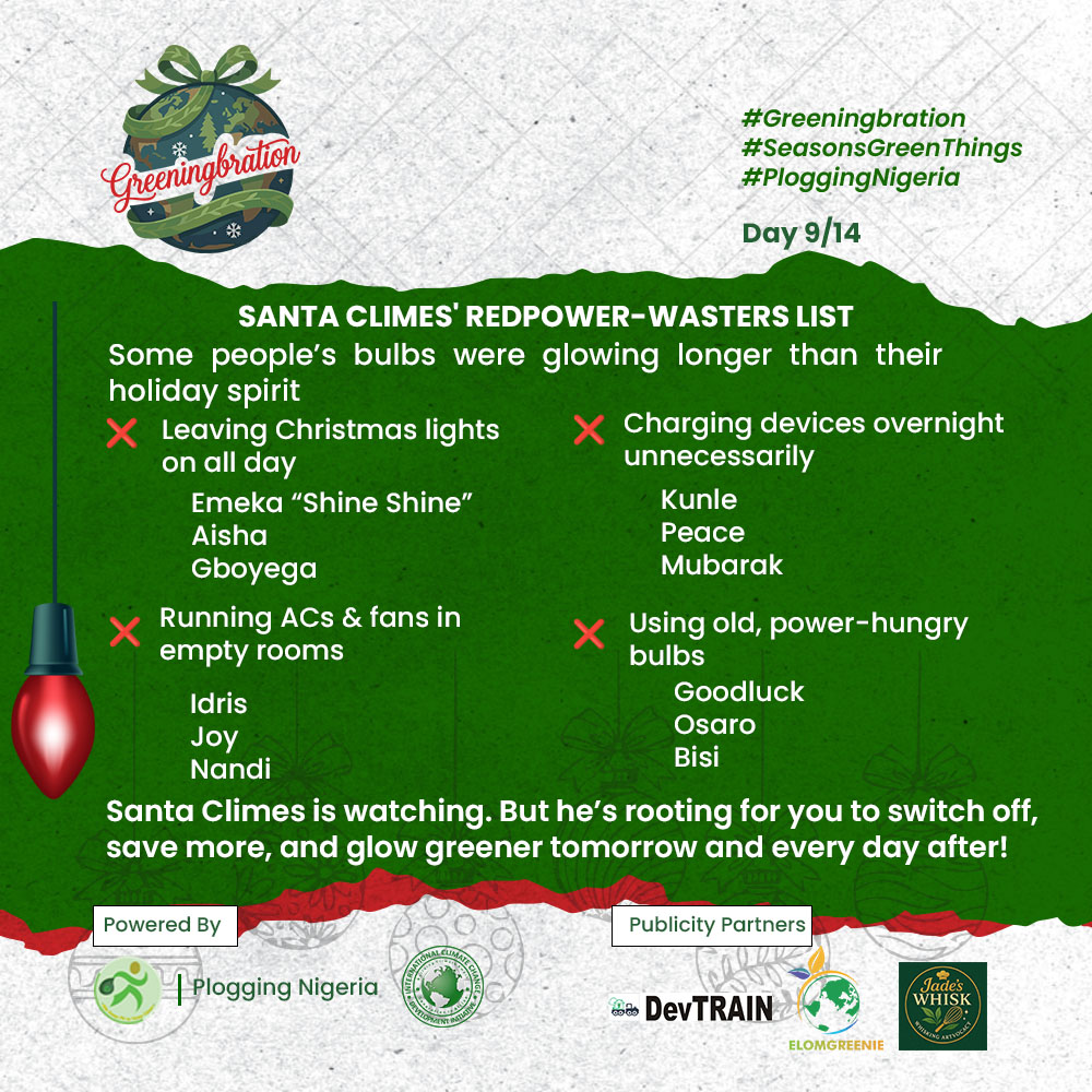 0️⃣9️⃣/1️⃣4️⃣ of #Greeningbration. 

This festive season, brightness doesn’t have to mean excess lighting. 💡

We're  reminded that the brightest celebrations are the ones that don’t waste power. 

Are you on Santa Climes' Red List today? Check Slide 4! 👀📃

#SeasonsGreenThings