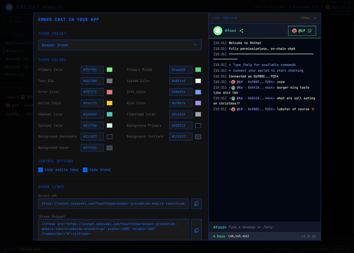 steemhunt's tweet image. Introducing a new Hunt Town Co-op project: $ONCHAT

OnChat is an on-chain chat protocol built on @base.  

TL;DR 
- Add paid group chat anywhere (miniapps, websites, communities) with just 1 line of code 
- Fully on-chain, no backend — messages live on Base + Creators earn ETH…
