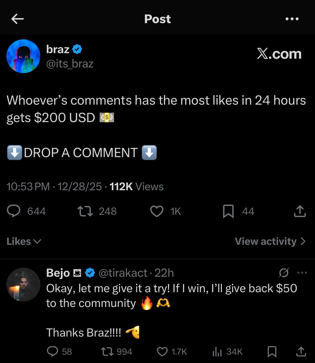 its_braz's tweet image. Winner of the comment likes contest is @tirakact 😥

CONGRATULATIONS DM ME YOUR WALLET TO CLAIM THE $200💰

Having more likes then my post is crazy motion
