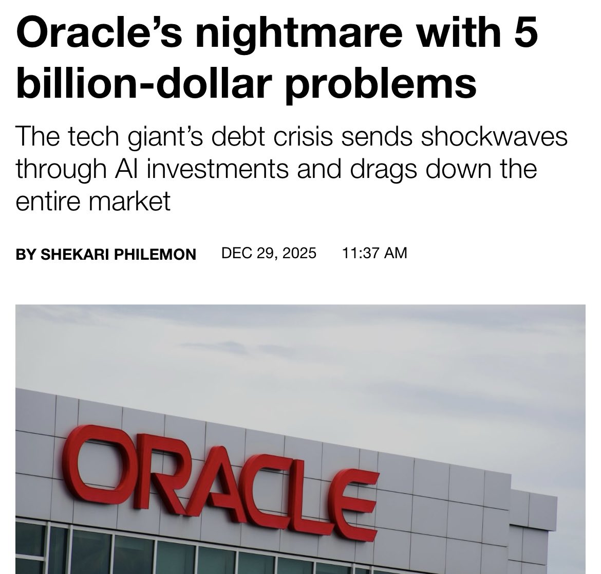 MeVikraam's tweet photo. #Oracle stock fall is a warning for everyone involved. 

They didn’t lose customers overnight. They didn’t lose money, they lost momentum.

The market is reacting to delayed cloud leadership, rising costs, and missed growth expectations. https://t.co/UKQrvrJgq2