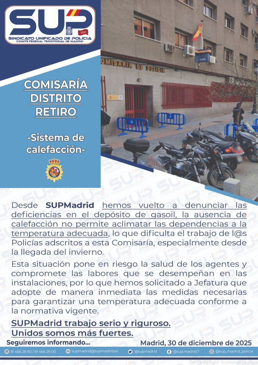 supmadrid's tweet image. 📍 Comisaría de #Retiro

⚠️ Hoy, 3️⃣0️⃣ de diciembre, l@s compañer@s siguen sin calefacción 😡.

🗣 Desde #SUPMadrid denunciamos el riesgo laboral al que se exponen nuestros compañeros, por lo que exigimos condiciones dignas y acción inmediata por parte de la Jefatura.
#SupDenuncia