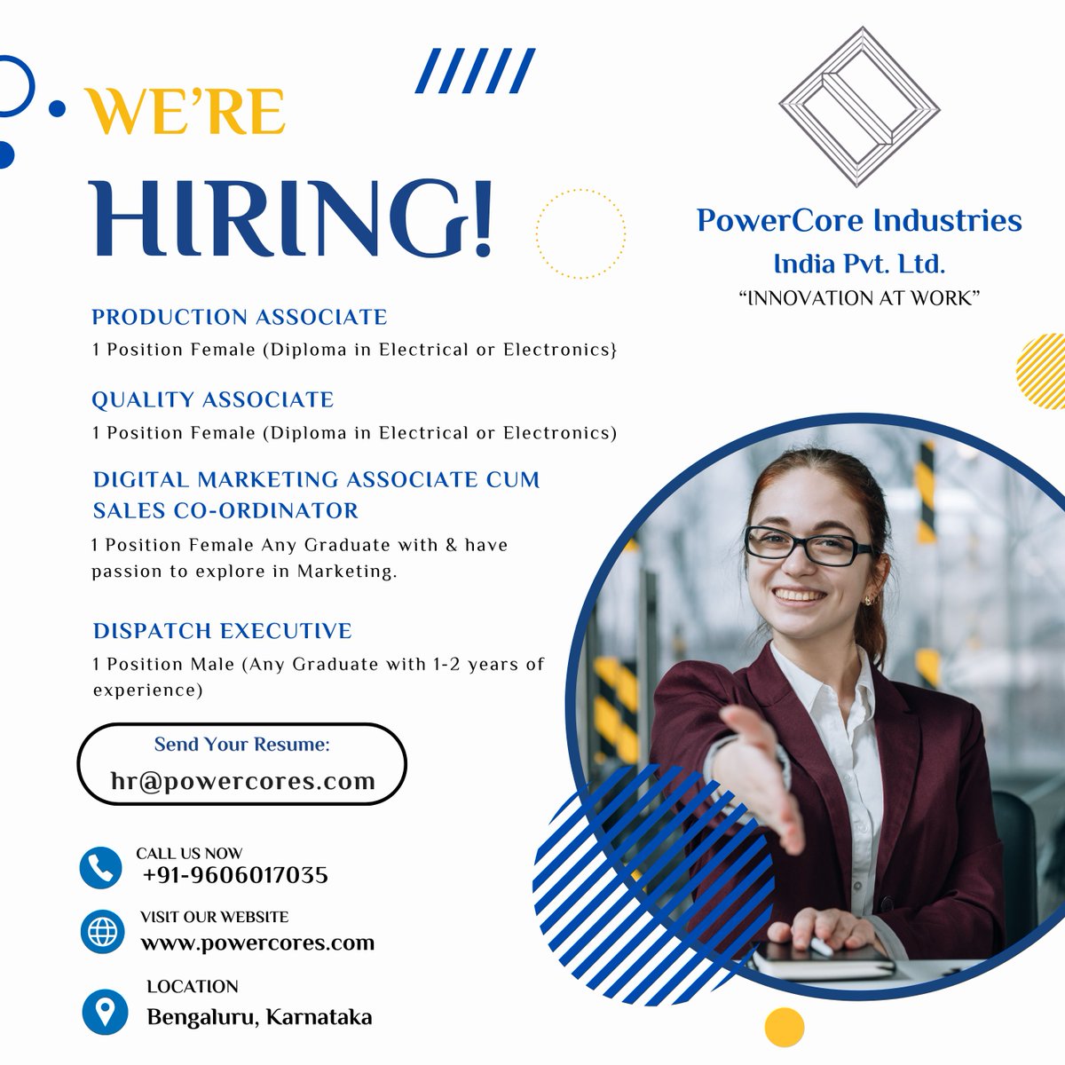powercoreindus's tweet photo. 🚨We’re Hiring 

Looking for a new opportunity?

Current Openings:

Production Associate 
Quality Associate
Digital Marketing Associate cum Sales Co-Ordinator 
Dispatch Executive 

📩 hr@powercores.com
📞 +91 9606017035
🌐 https://t.co/I5FTwUGdlI
#WeAreHiring #PowerCoreIndustries https://t.co/s2SUUNOELg