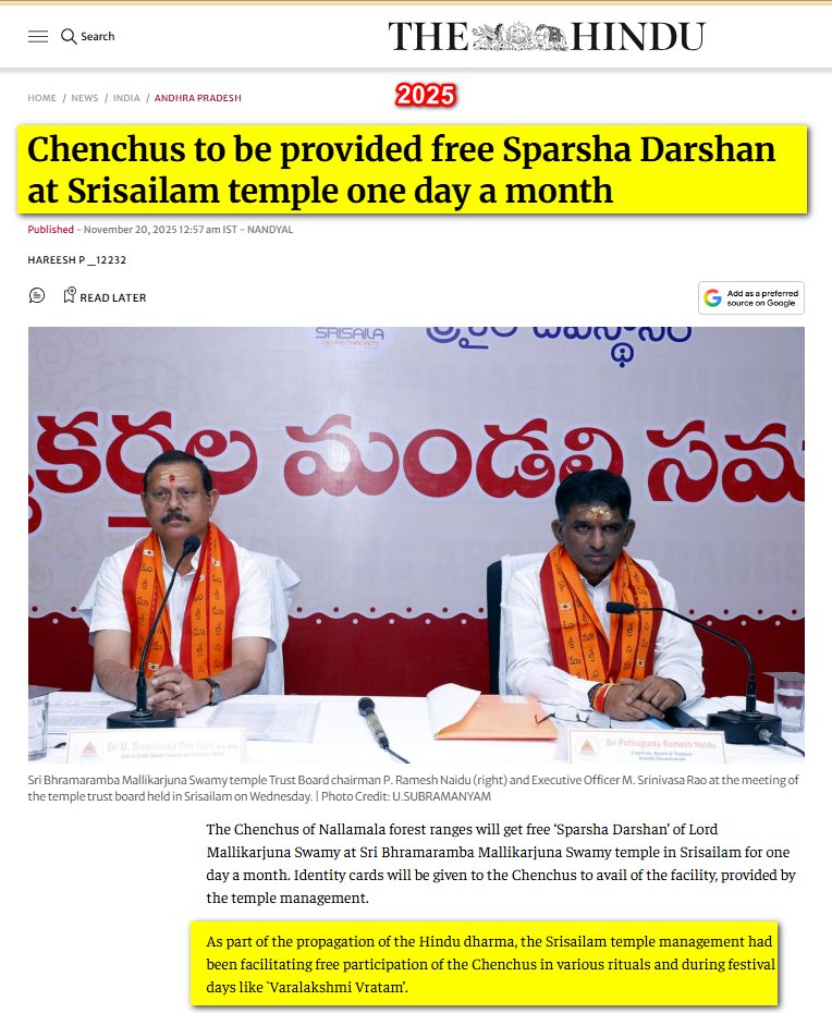 eclector1419857's tweet photo. As part of the propagation of the #Hindu dharma, the #Srisailam 🛕 temple management had been facilitating free participation of the #Chenchus (tribal community) in various rituals and during #Hindu festival days.
#AndhraPradesh https://t.co/WKk6mL2MlB