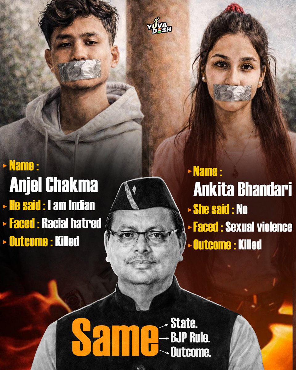 IYC's tweet photo. Same state > Same BJP government > Two lives lost 👆🏻

-- Anjel Chakma and Ankita Bhandari were killed on BJP’s watch. 💯

#JusticeForAnjelChakma   #JusticeforAnkita https://t.co/6SHGG2sAEh