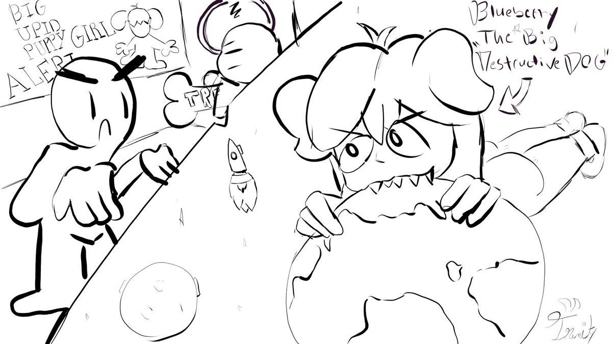 Oh goodness...
Blueberry the Big PuppyGirl has returned from their *last* throw....
seems like protocol has to be done again....

a fun little sketch I did for a friend.
haven't worked on art in a bit but i'm quite happy about it.
#giantess #sizetwtter