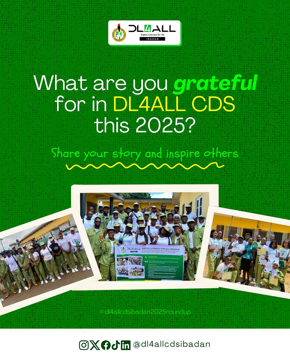 dl4allcdsibadan's tweet image. Less than 48 hours to the end of 2025!

What a remarkable year it has been for all of us.

Now, we want to know what you are grateful for this 2025.

Tell us in the comments.

#DL4ALLCDSIbadan2025RoundUp #dl4allcdsibadan #dl4allcds #nysc #digitalliteracyforall #mindthegapng