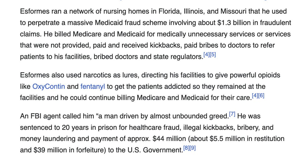 Andercot's tweet image. Up until Minnesota the largest medicare fraud in history was run by....

A guy who used oxycontin and fentanyl to get patients addicted so they remained in his nursing homes.

Trump pardoned him in 2020. 

$1.3 billion in fraud by one person. 

Presidential Pardon.