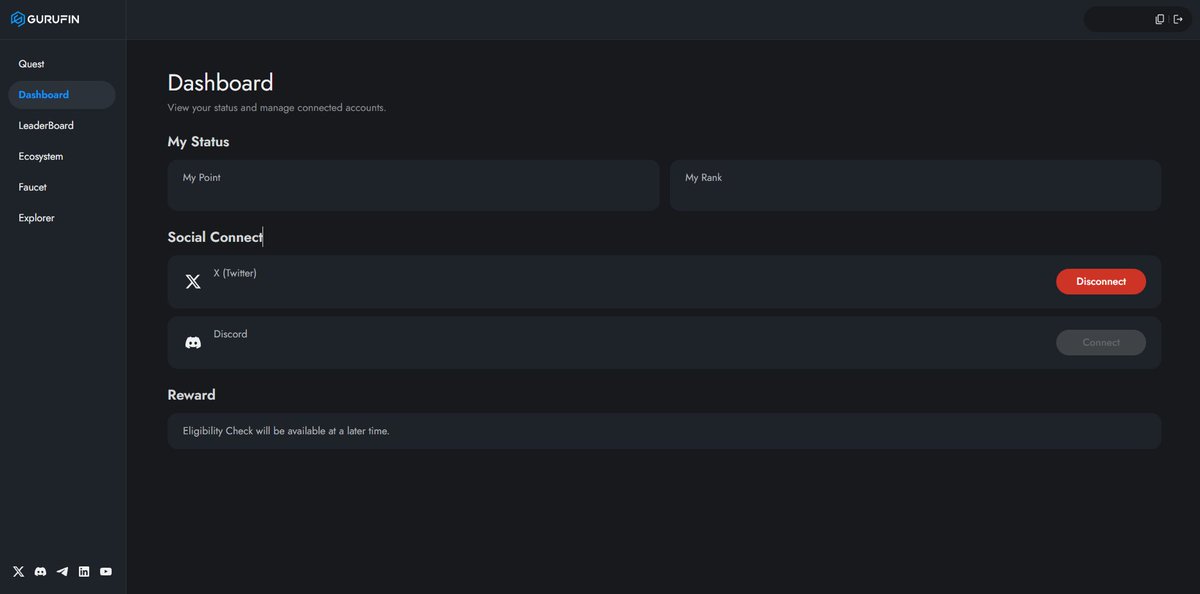 GurufinHQ's tweet image. 🛠️ Social Connect Management is LIVE!

You can now manage your linked accounts directly on our event page.

📍 Visit: testnet.gurufin.com

How to use:
1️⃣ Connect your Wallet. 
2️⃣ Open the "Dashboard" menu.

Note: Discord Account is limited to one account only (cannot be…
