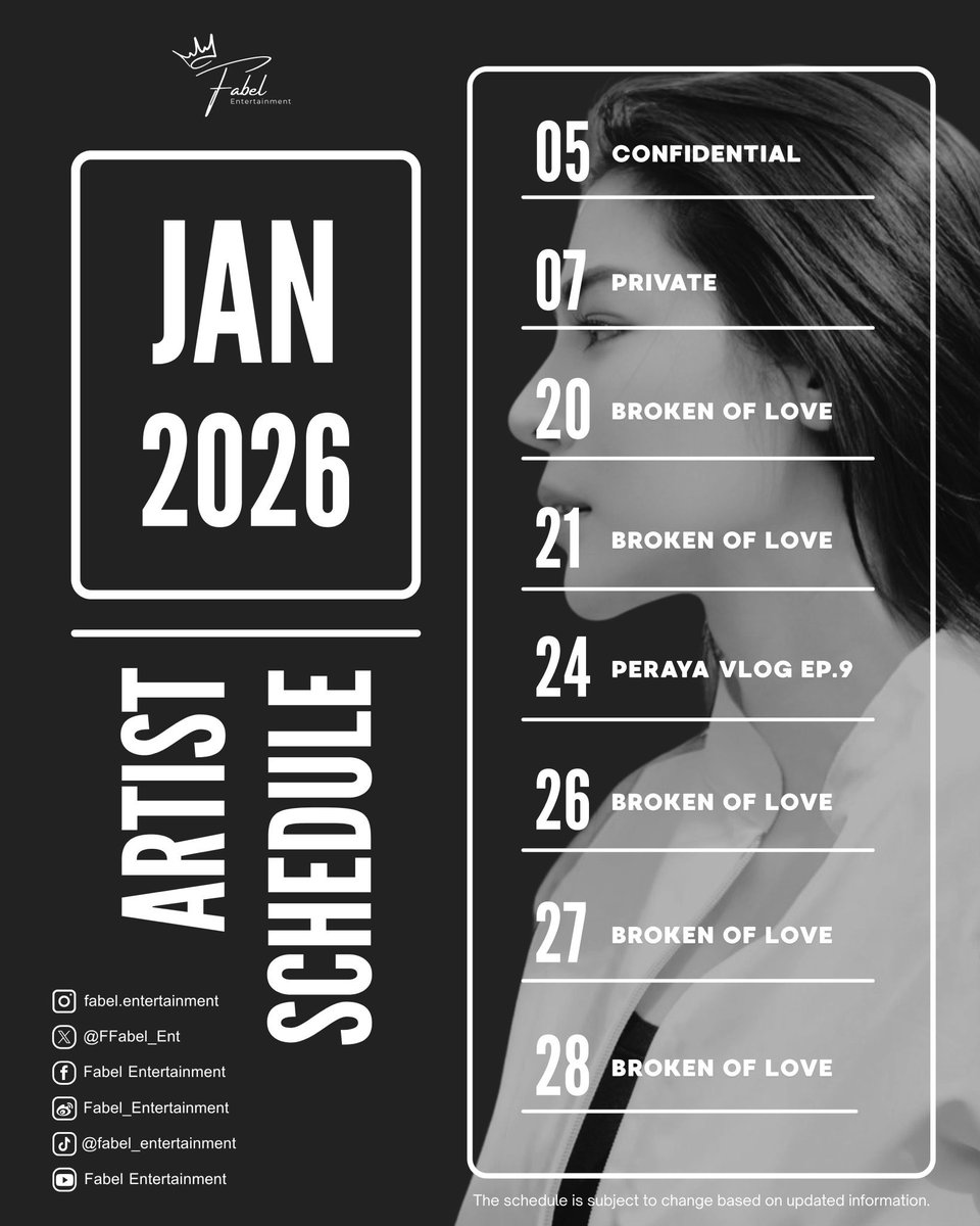 🗓️ <a href="/malisorn00/">Faye Malisorn</a> Schedule - January 2026 🗓️

#FayePeraya
#ฝ้ายพีรญา
#FabelEntertainment