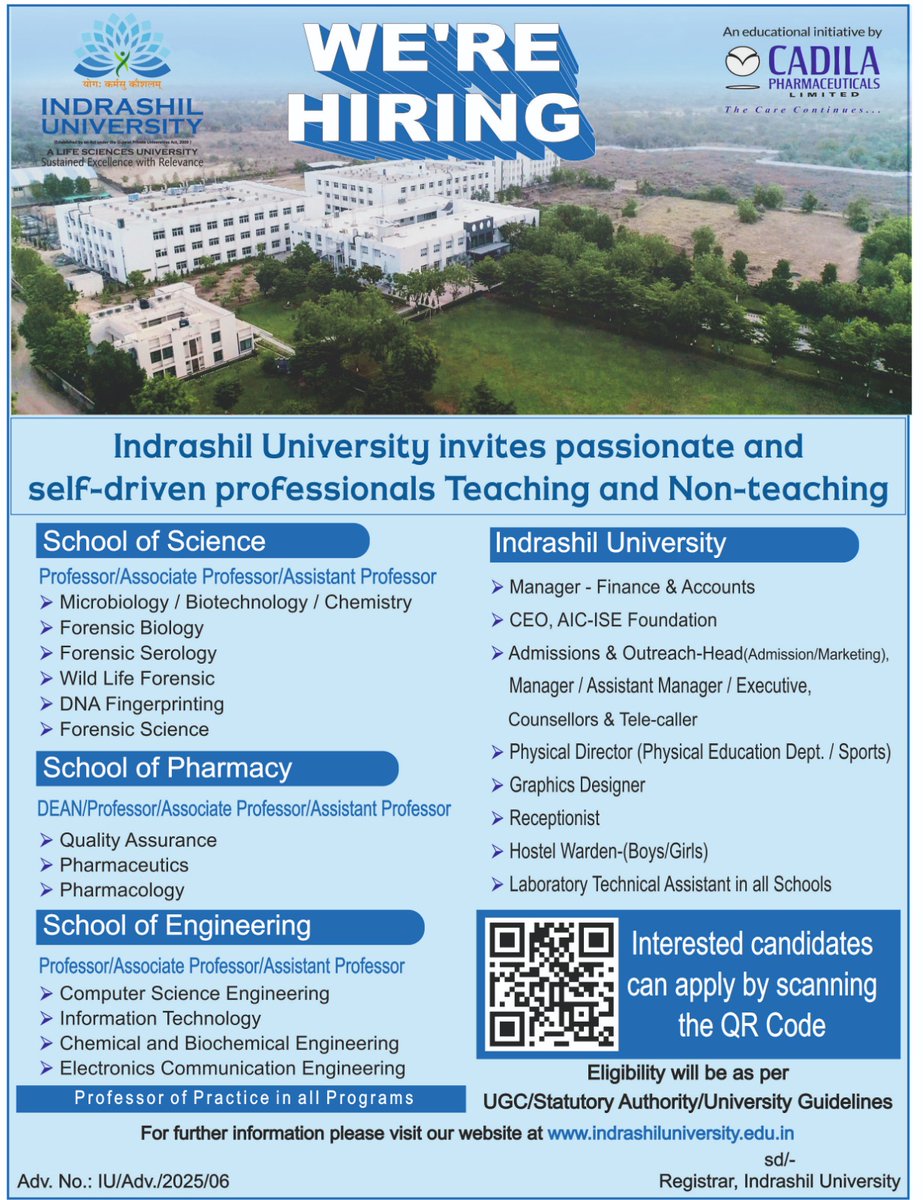 indrashil_u's tweet photo. 📢 We’re Hiring! Indrashil University invites passionate, self-driven professionals to join our growing academic and administrative team. Be a part of a life sciences university driven by excellence, innovation, and impact.
Scan the QR code and apply today!
#IndrashilUniversity https://t.co/drwp1u2p5X