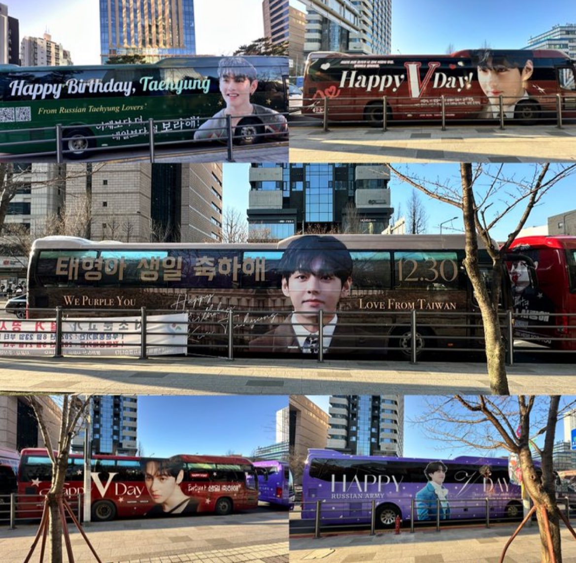 layovermoods's tweet photo. 5 Buses and 3 birthday trucks in front of hybe rn taehyung must be giggling seeing all this 😭😆 https://t.co/Q5Umhc1JHO