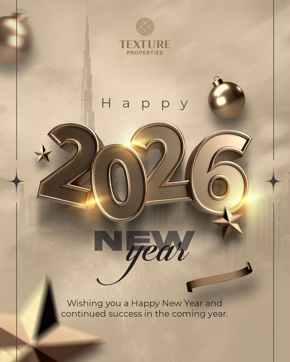 textureuae's tweet image. 2026 marks a new chapter of focus, growth, and purposeful investments.

Wishing you a year of progress and success. 🌟🌟

Happy New Year 2026 from Texture Properties🎆

#HappyNewYear2026 #TextureProperties #dubairealestate #NewYear #DubaiFireWorks
