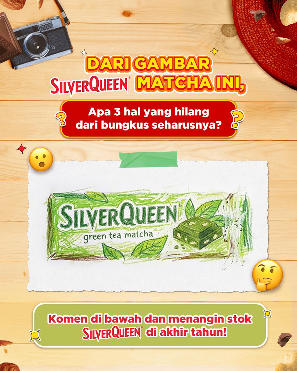 Daripada iri ngeliat desainer yang udah liburan, mending mimin bagi-bagi hadiah aja deh di akhir tahun ini!
Yuk ikuti langkah-langkahnya:

1. Follow @silverqueenid
2. Tulis objek apa saja yang hilang dari bungkus SilverQueen Green Tea Matcha