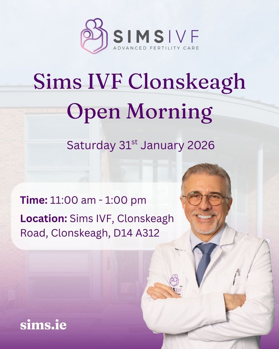 simsivf's tweet image. Join us for the Sims IVF Clonskeagh Open Morning! 💜

Free parking, pastries &amp;amp; a chance to meet the team, learn about treatments, tour the clinic, ask questions, book consults &amp;amp; get a treatment voucher.

Register: ow.ly/54To50XFCuV

#simsivf #fertilityireland #openday