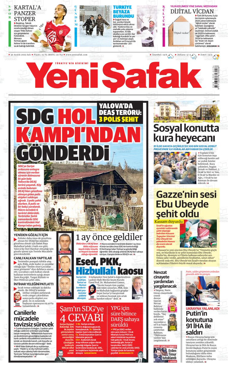 Yalova'daki IŞİD varlığını, IŞİD'e karşı mücadelesini dünyanın takdir ettiği SDG'ye havale ede Yeni Şafak, 'yalandan kim ölmüş' sözüne yeniden can verdi. 
Bu cinliği düşünene en az 6 maaş ikramiye...