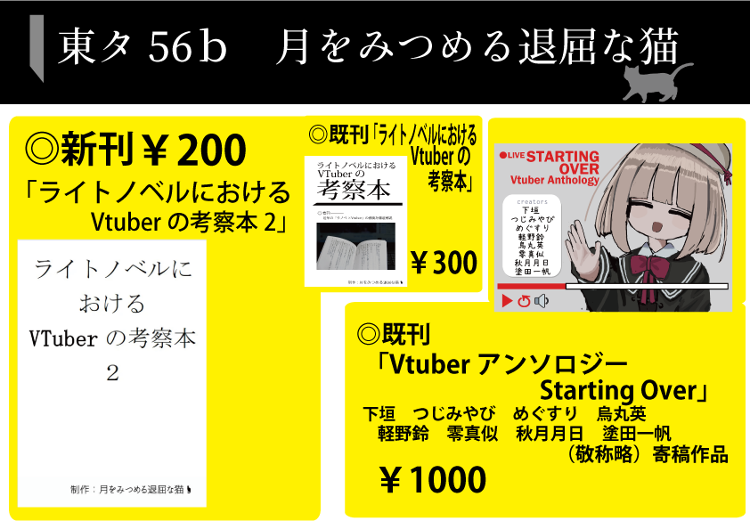 【拡散希望】 コミケのお品書きです！ライトノベルにおけるVtuberの扱いがどのように変化してきたのか考察した考察本を頒布します！またプロアマ合同のVtuber小説アンソロジー「Starting Over」も頒布します！12/31は東タ56bでお待ちしてます…！
