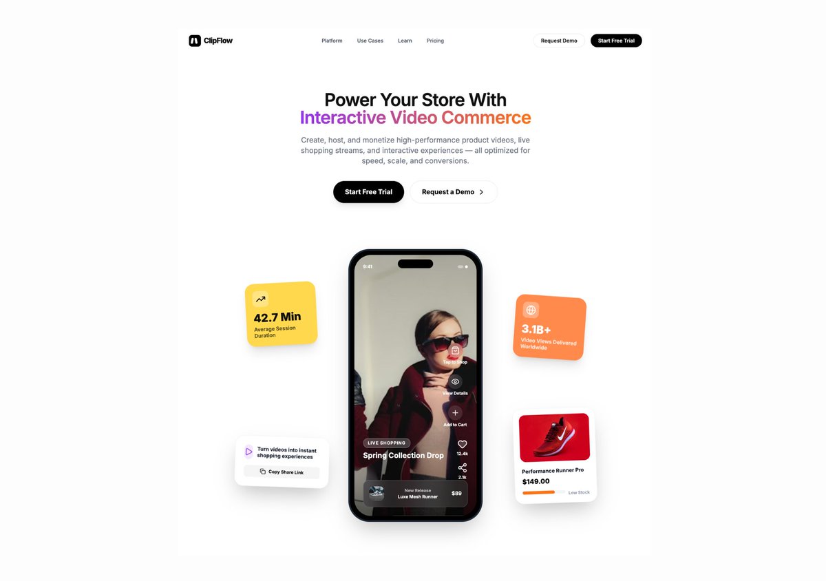 karankendre's tweet image. Prompt :

Build a modern SaaS landing page using Next.js (App Router) and Shadcn UI, replicating the layout, spacing, and visual hierarchy of the provided screenshot, but using the content and branding described below.

Website Description
Create a landing page for ClipFlow, a