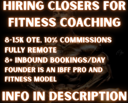 Kyle_Farman's tweet photo. HIRING CLOSERS

This is a $10K–20K+ OTE position with MASSIVE upside as we scale aggressively toward $250K+ months. We keep our team small and close knit. This means the closers income will grow exponentially

You’ll be selling a proven high-ticket fitness & mindset transformation program built for busy, career-driven men who want to lose body fat, gain strength, and rebuild their lives from the inside out.
All leads are 100% inbound from my personal brand across social media. No cold outreach. No hunting. Just closing warm/ hot leads.

As a closer, you’ll have full conviction that — the program actually works.
We have over 850+ transformations, thousands of warm/hot leads, and a founder with years of experience scaling coaching businesses into multi–six-figure and seven-figure months.

You’ll be stepping into a machine.
I just need a killer to help handle the volume.
What you can expect:
• 8+ qualified calls/day from inbound leads
• 10% commissions (top closers earn $10–15K/month)
• NEPQ / emotional selling experience preferred
• Full-time role — we move fast and expect excellence
• Tight-knit team + aggressive scaling schedule

Looking to hire immediately.

Comment and DM “Fitness Closer” for more info and next steps.