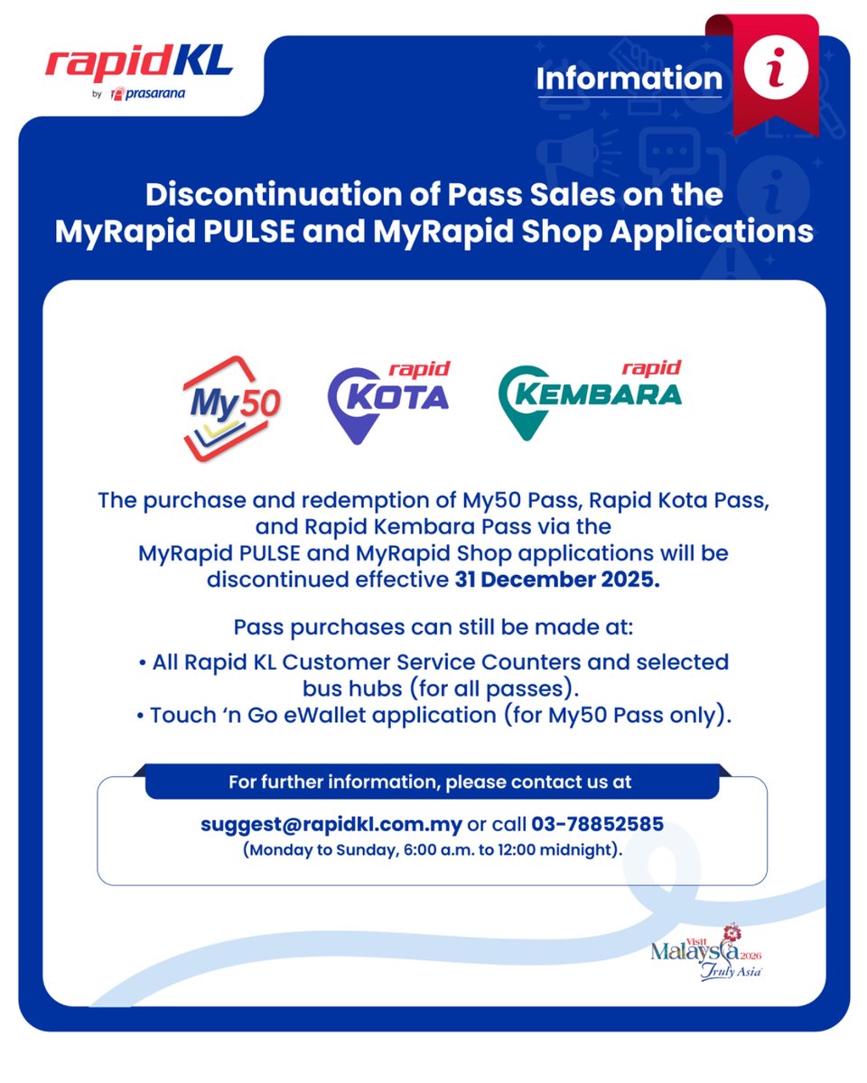 askrapidkl's tweet photo. Pembelian dan penebusan Pas My50, Pas Rapid Kota dan Pas Rapid Kembara melalui aplikasi MyRapid PULSE dan MyRapid Shop akan diberhentikan bermula 31 Disember 2025.

#RapidKL #RapidKembara #RapidKota #My50 #MyRapidPULSE #MyRapidShop https://t.co/b8WgEFXW3Q