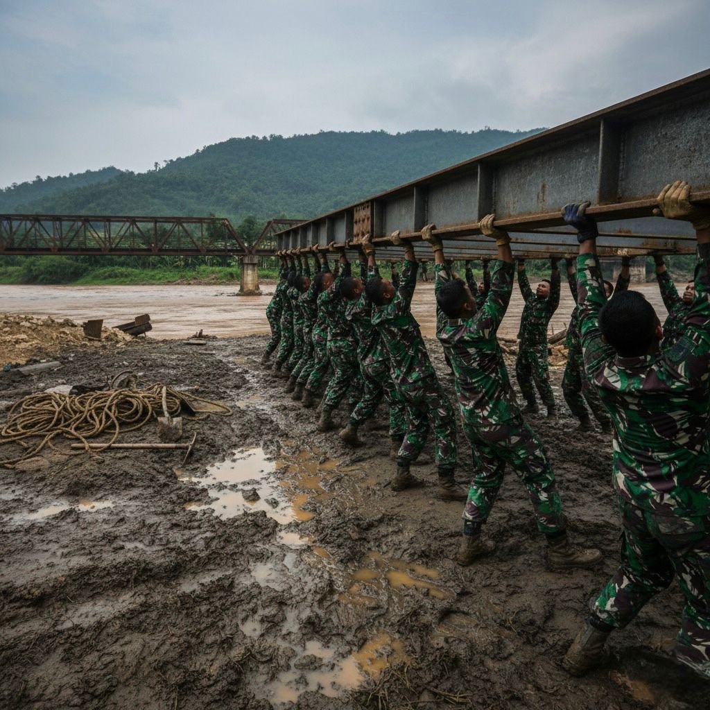 DUlilfahmi's tweet photo. Setuju, jembatan darurat yang didirikan Kerja TNI Kita lebih dari sekadar tumpukan kayu. Itu adalah simbol penghubung antara keterpurukan dengan bantuan, antara isolasi dengan harapan.   
Pengabdian Tanpa Batas https://t.co/8VA7N2Oxof
