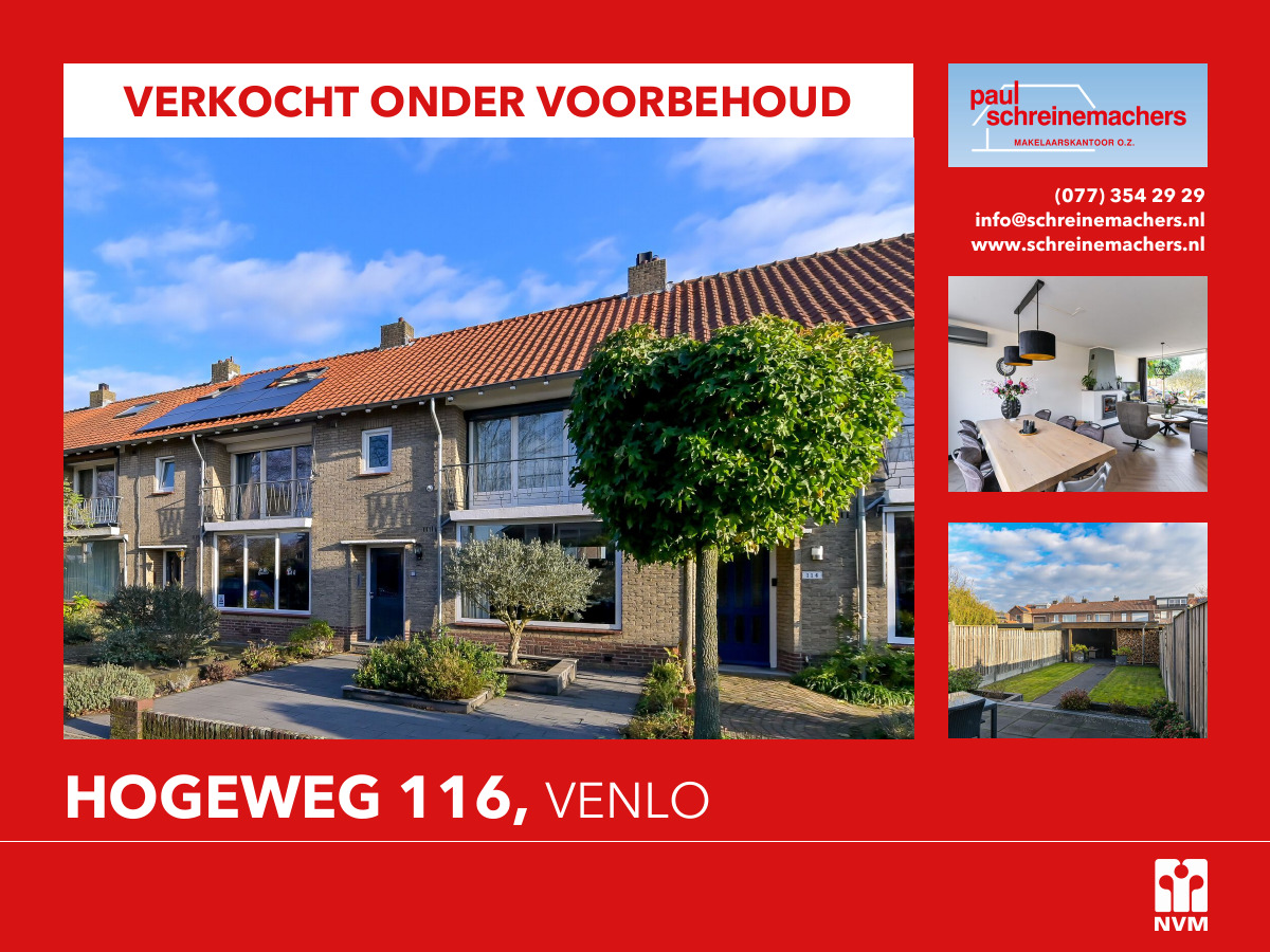 ❗VERKOCHT ONDER VOORBEHOUD❗
Hogeweg 116, Venlo

Deze goed onderhouden tussenwoning met zonnige tuin op het zuidoosten is voorzien van een terrasoverkapping, berging en vrije achterom.
