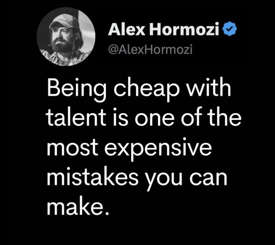 As usual, <a href="/AlexHormozi/">Alex Hormozi</a> gets it! Entrepreneurs hire cheap to save money.

Then spend months fixing what broke. I find this sometimes with the entrepreneurs that I work with. 

The budget developer takes twelve weeks to build what a skilled person finishes in three. The founder