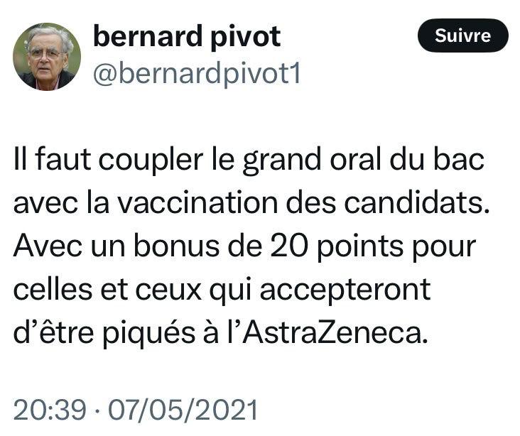 NiONiPardon's tweet image. 🔴 DEVOIR DE MÉMOIRE

05/2021 Bernard Pivot : « Il faut coupler le grand oral du bac avec la vaccination des candidats. Avec un bonus de 20 points pour celles et ceux qui accepteront d’être piqués à l’AstraZeneca. »

Tous les liens 
👉 linktr.ee/nionip