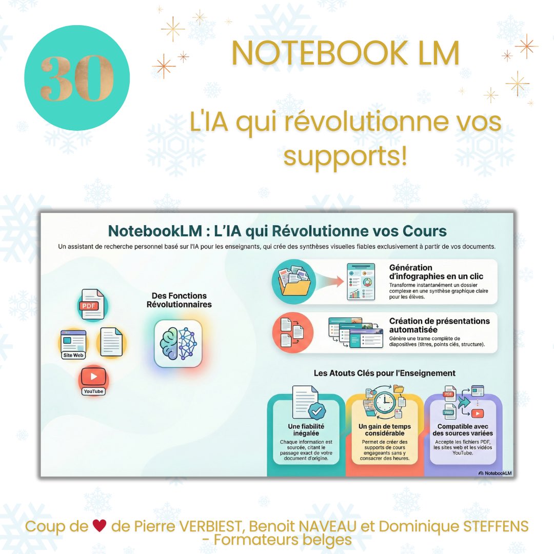 Pépites et coups de ❤️ des #ERUN et #RefNum <a href="/educatechexpo/">Educatech Expo</a>

✨PÉPITE 30 – NOTEBOOK LM✨

Pour générer infographies et trames de diaporamas à partir de vos propres documents. 
Un vrai gain de temps pour créer des supports clairs et fiables!

🔗 edurl.fr/calendrier-apr…
