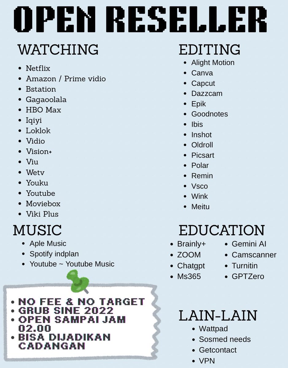 Hai, fh open resellër 
• Neṯflix strong 
• fixing 2x24 jam netf, another app 24 jam
• fast otp hh
• ada admin fastrep

 #zonauang