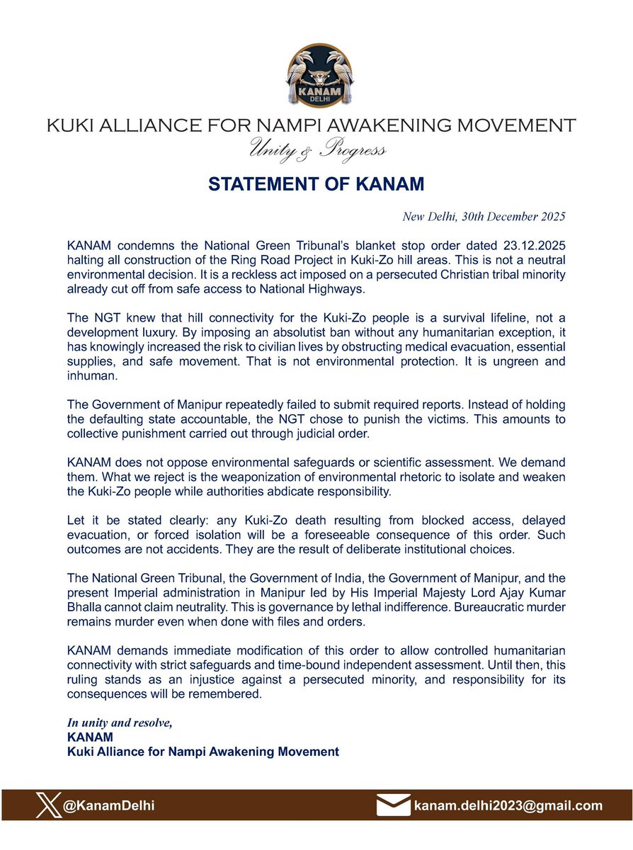 KANAM condemns the National Green Tribunal’s order to halt the construction of the Ring Road project, a neccessary lifeline of the Kuki-Zo people.

<a href="/the_hindu/">The Hindu</a> <a href="/thewire_in/">The Wire</a>