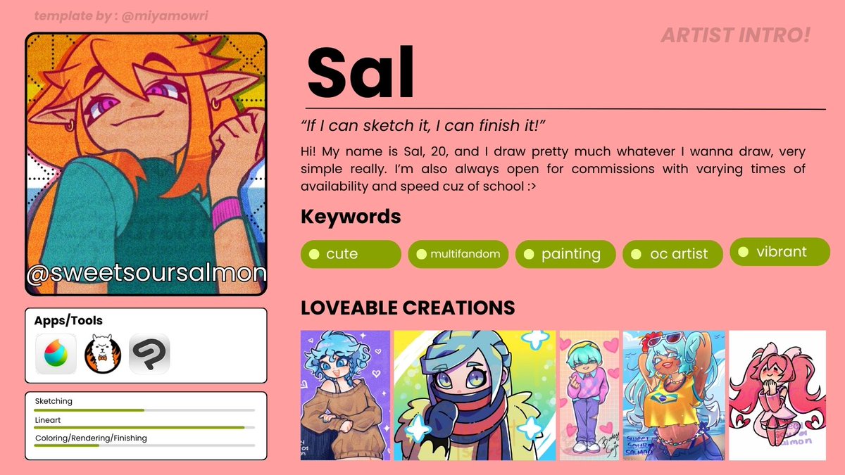 I made an artist intro :>> that's it. I guess ¯\_(ツ)_/¯

Thanks to @/miyamowri on Twitter for the template :D

#artistintro #artistinfo