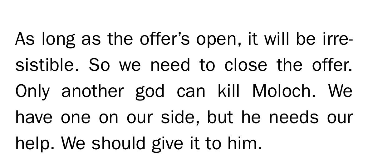 The moloch SSC article is so deeply embedded in this sphere but no one remembers the ending, where we have to kill moloch and replace him with a better god