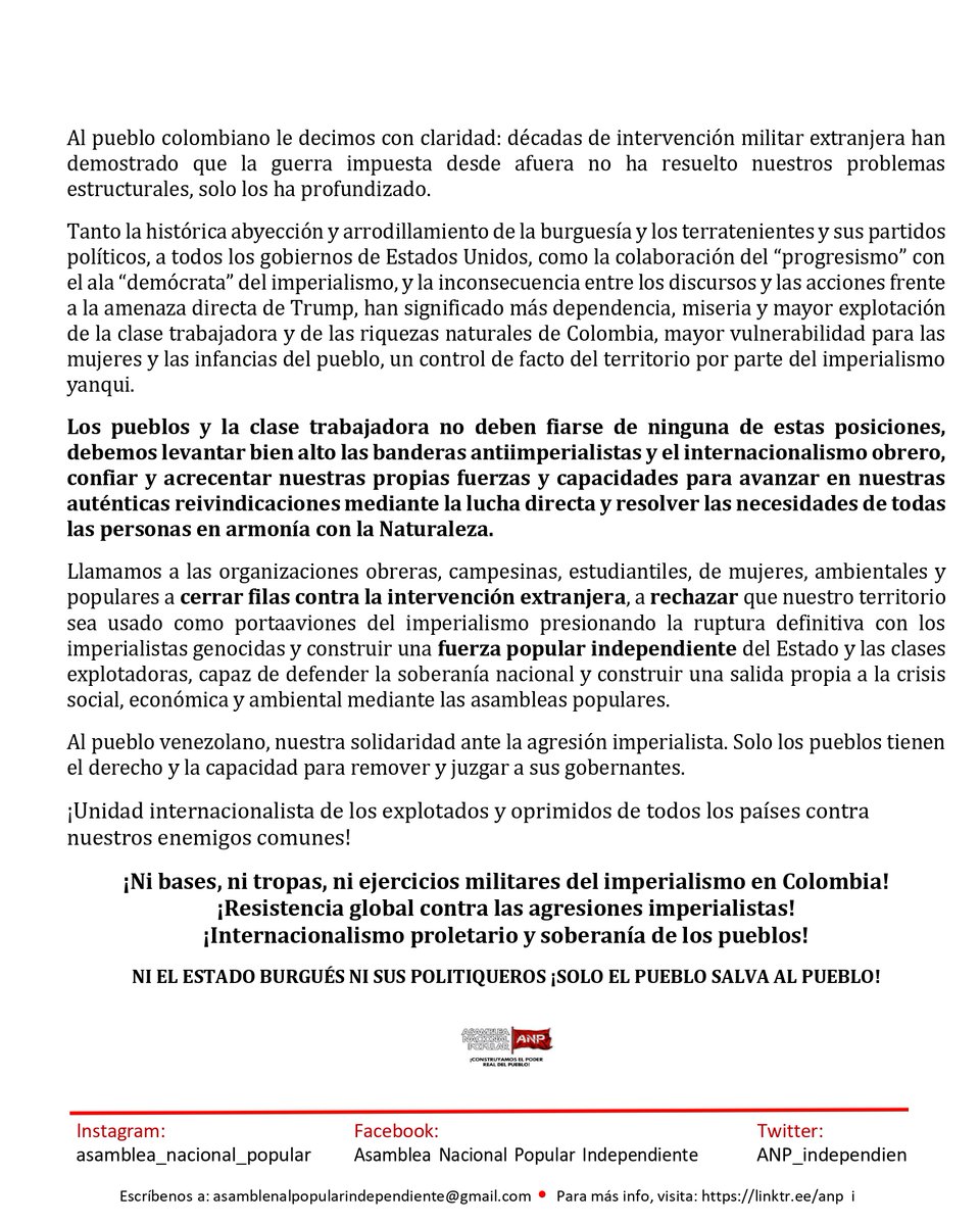 Comunicado del Comité de Dirección:

"Llamamos a las organizaciones obreras, campesinas, estudiantiles, de mujeres, ambientales y populares a cerrar filas contra la intervención extranjera".

Link del PDF n9.cl/j1twtg