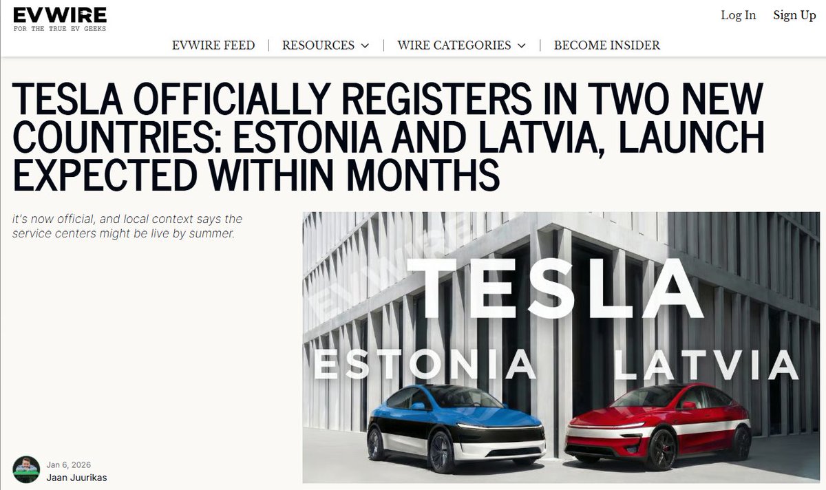 TheEVuniverse's tweet image. BREAKING (from me): Tesla expands to Estonia and Latvia!

Tesla registered official subsidiaries: 
🇱🇻 Tesla Latvia SIA 
🇪🇪 Tesla Estonia OÜ

If timelines follow Lithuania's case, we’ll see official Tesla Store &amp;amp; Service launch in ~March!

Full scoop: evwire.com/p/tesla-offici…