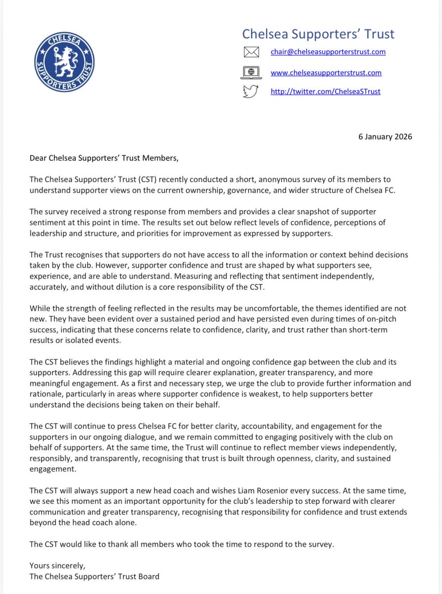 ChelseaSTrust's tweet image. 🗳️ Your Views on Chelsea FC: Ownership, Governance and Club Structure

The @ChelseaSTrust recently conduced a snap survey to understand supporters views on the current ownership, governance, and wider structure of #ChelseaFC.

Full Results ⬇️