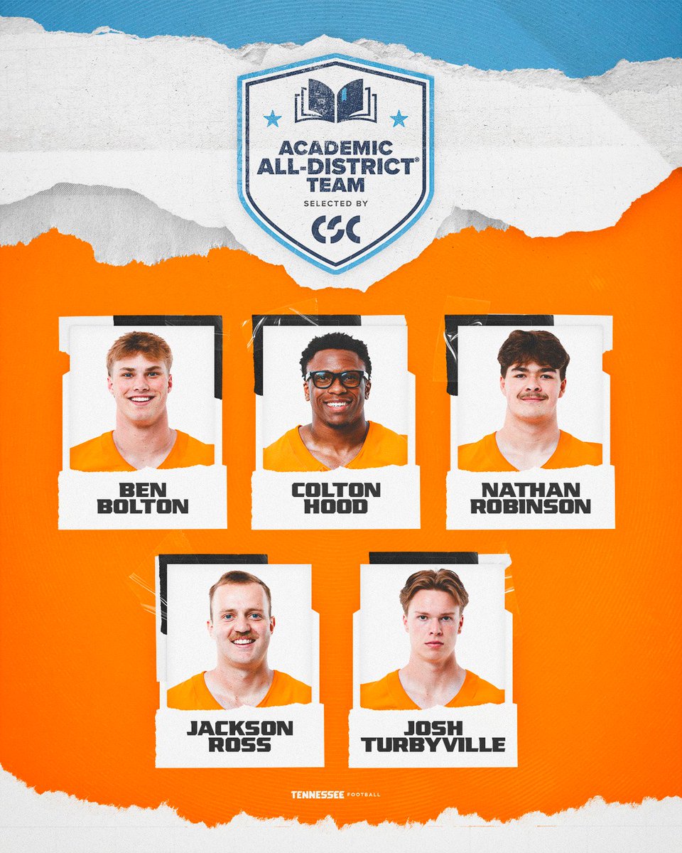 Vol_Football's tweet image. 5⃣ Vols have been named to the CSC Academic All-District Team 📙

📰 » 1tn.co/3N3Npx7

#GBO 🍊
