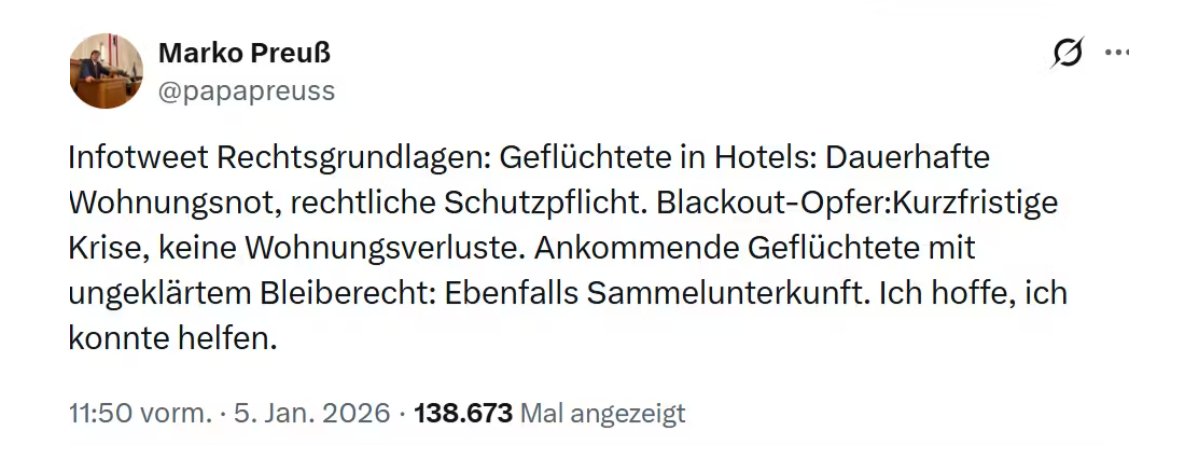 Marko Preuss von der SPD hat seine Erklärung zur Unterbringung von Migranten und Einheimischen sicher aus Versehen gelöscht. Hier ist sie. Ich hoffe, ich konnte helfen.