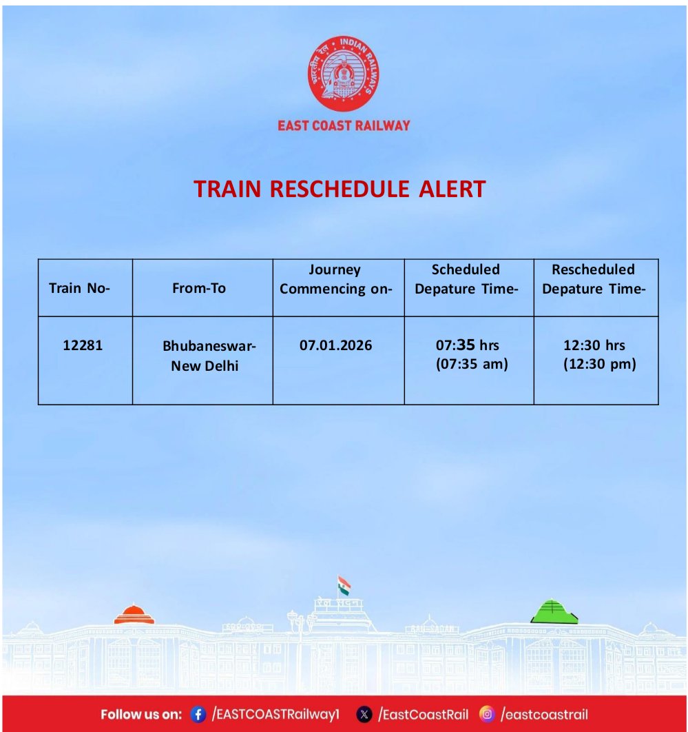 EastCoastRail's tweet photo. Train Reschedule Alert
The following train has been rescheduled on 07.01.2026. Passengers are advised to note the revised departure timings and plan their journey accordingly.
#TrainReschedule #PassengerAdvisory #ECoRupdate #RailwayAlert #JourneyUpdate
@RailMinIndia https://t.co/3s8ww9QmnV