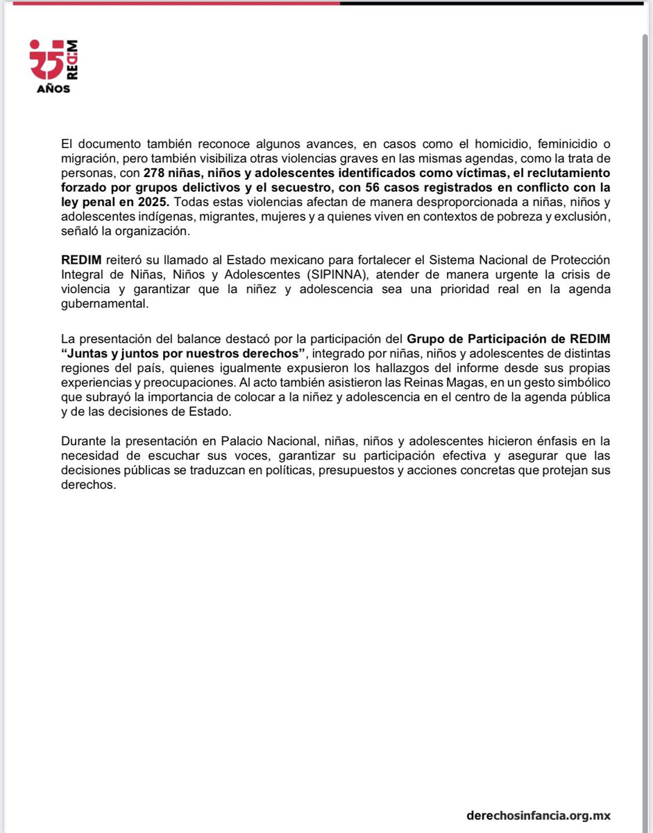 ⭕️ ⚠️ La violencia contra la niñez y adolescencia en #México sigue siendo crítica, así lo demuestra el #BalanceAnualREDIM 2025 que fue presentado por la #REDIM ante la Presidencia de la República y medios de comunicación

Las cifras revelan:
▪️ 1,991 homicidios de niñas, niños y