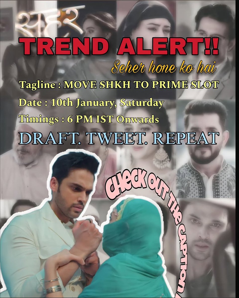 TREND ALERT ‼️ 
SHKH Fans Assemble❤️
Let’s make the tagline
MOVE SHKH TO PRIME SLOT 
Trend on X
Use the #SeherHoneKoHai also.

Date: 10 Jan 2026, Saturday
Time: 6pm IST

Let’s together make this a massive success.
#ParthSamthaan
#Rishita #SHKH #MaHer