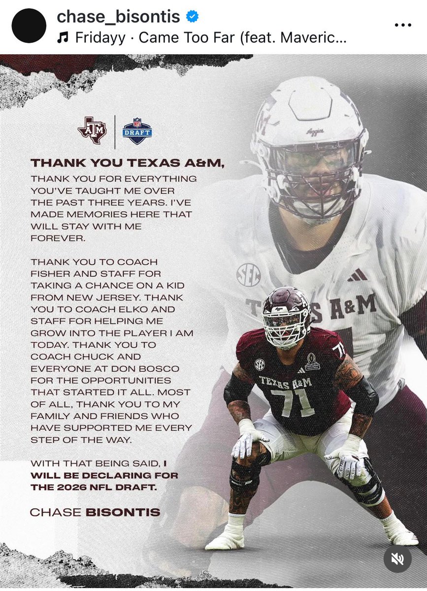 lukeevangelist_'s tweet image. Texas A&amp;amp;M OL Chase Bisontis has declared for the 2026 NFL Draft, per his Instagram (chase_bisontis) 👍 

#GigEm @CBisontis