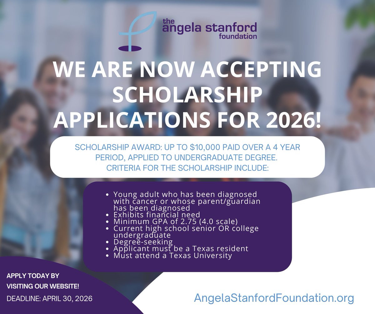 4ASFoundation's tweet image. 2026 Scholarship Applications are NOW OPEN!

The Angela Stanford Foundation is awarding up to $10,000 and $50,000 in scholarships to Texas students impacted by cancer.

🗓 Deadline: April 30, 2026
📍 Texas residents attending Texas universities

Apply &amp;amp; share!