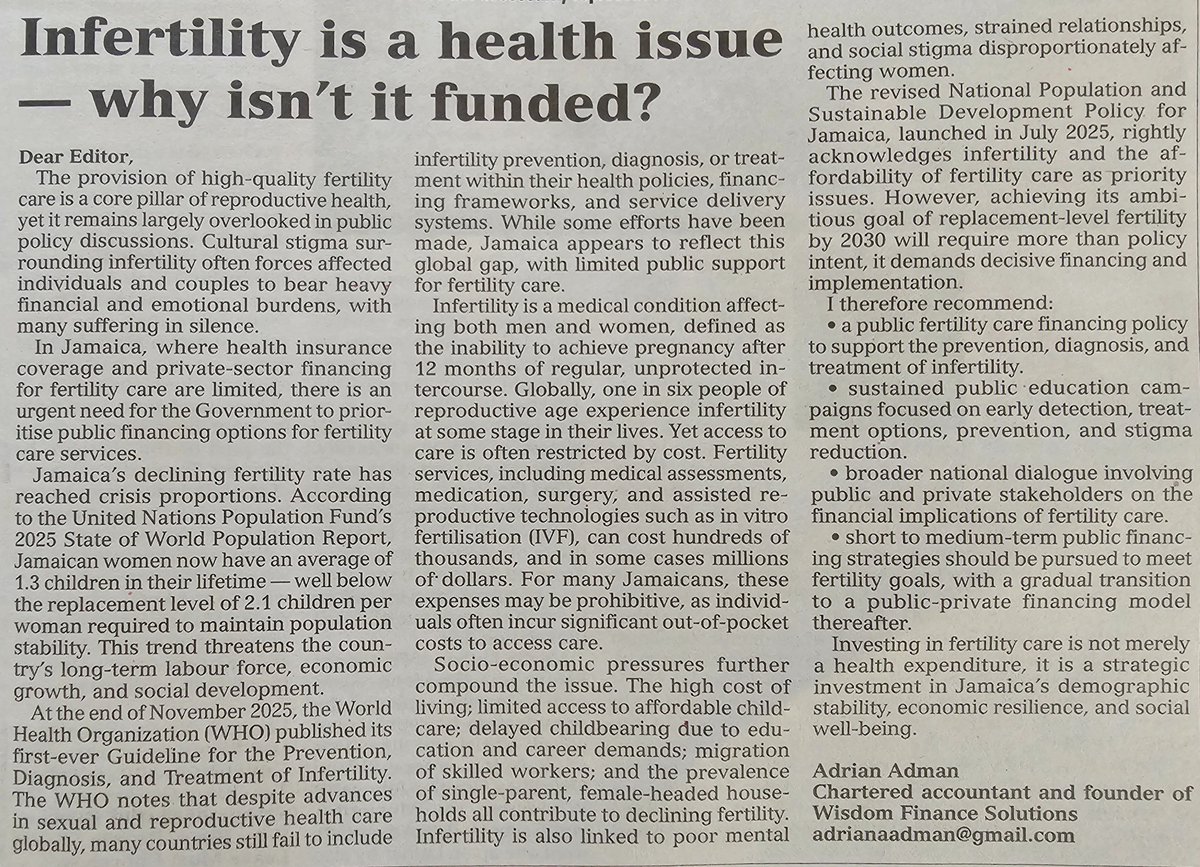 "Infertility is a health issue — so why isn’t it funded?"

My letter in The Jamaica Observer (Dec 30, 2025) explores why fertility care must be treated as a public priority, not a private burden.

This conversation matters for Jamaica’s future. 🇯🇲

#FertilityCare #PublicHealthJA