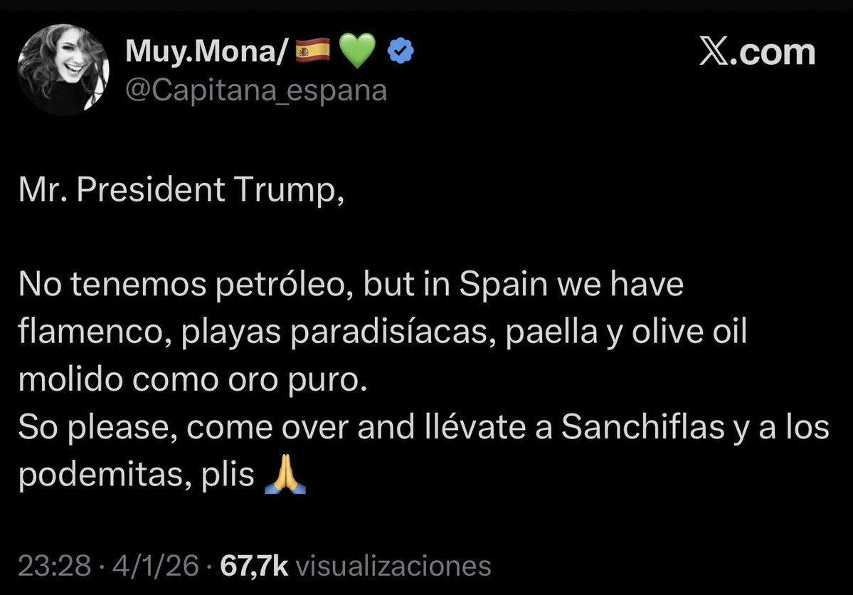 Una extranjera pidiendo abiertamente que un país extranjero bombardeé a mi país, mi población y mis vecinos con tal de poner al gobierno que le gusta a ella. 

Toda la puta vida la derecha afirmando que la izquierda somos unos traidores al país y esta gente pidiendo cada 2x3 que