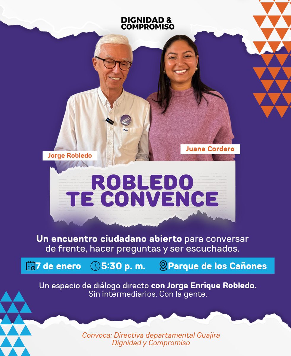 🚨🔔MAÑANA: <a href="/JERobledo/">Jorge Enrique Robledo Senado #10 Ahora Colombia</a> llega a La Guajira para conversar de frente, responder tus preguntas y escucharte. Sin intermediarios. Con la gente.

📅 7 de enero de 2026
🕠 5:30 p. m.
📍 Parque de los Cañones

#riohacha #laguajira <a href="/dignidadycomp/">Dignidad & Compromiso</a> #colombia #senado #política
