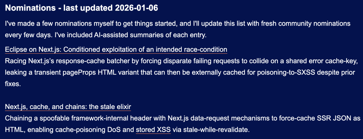 honored to see two of my research works selected for the initial nominations

they’ve been the most fruitful for me in practice, with ongoing discoveries of vuln assets, incl. several major platforms, and six figures in rewards
If they helped you in any way, consider voting-14/01