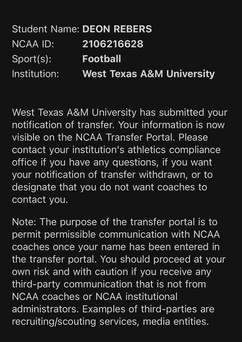 Deonrebers4's tweet image. I’m Officially in the transfer portal ‼️‼️Thank you WT🤙🏼