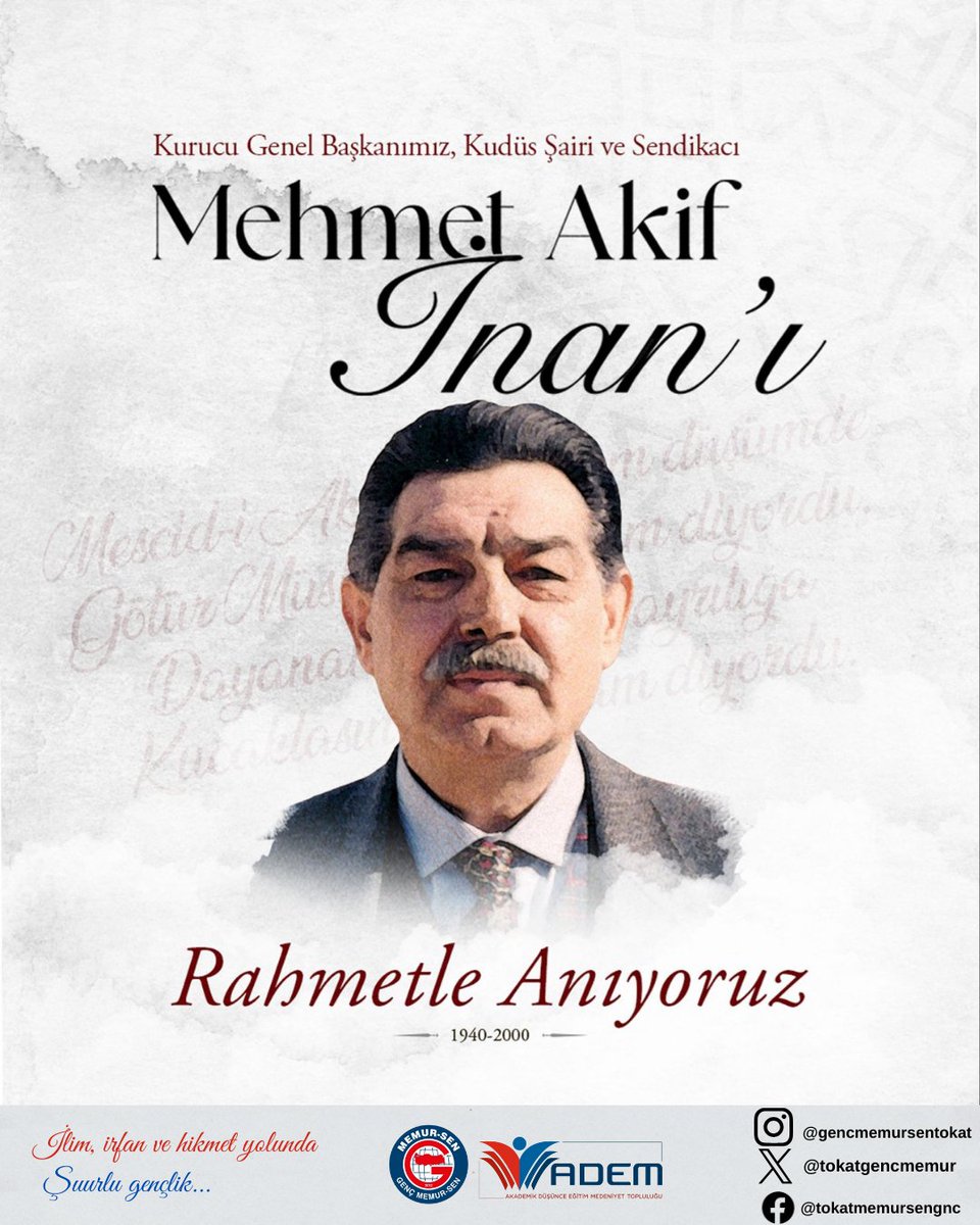 Davasını ilkeye, mücadelesini ahlaka dayandıran; sözüyle yol açan, duruşuyla iz bırakan Kurucu Genel Başkanımız Mehmet Akif İnan’ı, vefatının 26. yılında rahmet, saygı ve minnetle anıyoruz.

<a href="/_aliyalcin_/">Ali YALÇIN</a>  <a href="/gencmemursen/">Genç Memur-Sen</a> <a href="/mstemrebalci/">Mesut Emre Balcı</a> <a href="/sabanceylan60/">Şaban Ceylan🇹🇷</a> <a href="/ahmetsefakesler/">Ahmet Sefa Kesler</a>