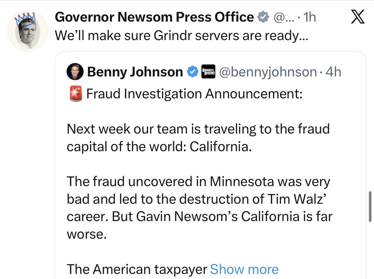 🚨BREAKING: Gavin Newsom just called Benny Johnson GAY.